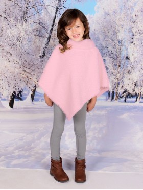 Kids Soft Faux Fur Poncho W/  Tile Pattern and Faux Fur Neckline (3-7 Years Old) 